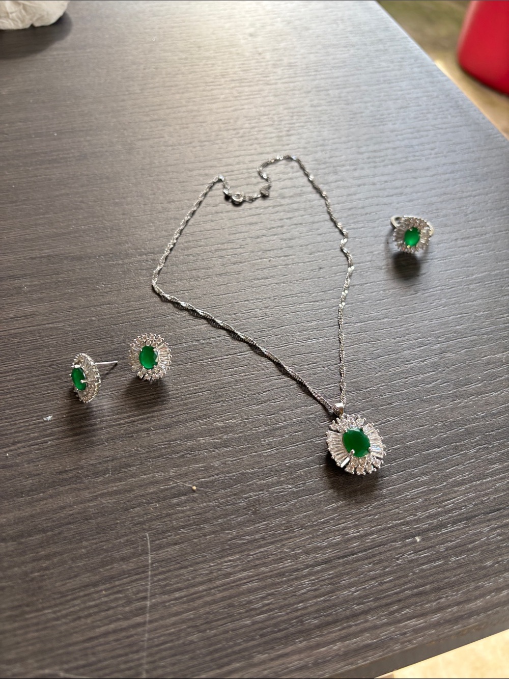 Emerald Green Halo Necklace, Earrings & Ring Set - Women Jewelry